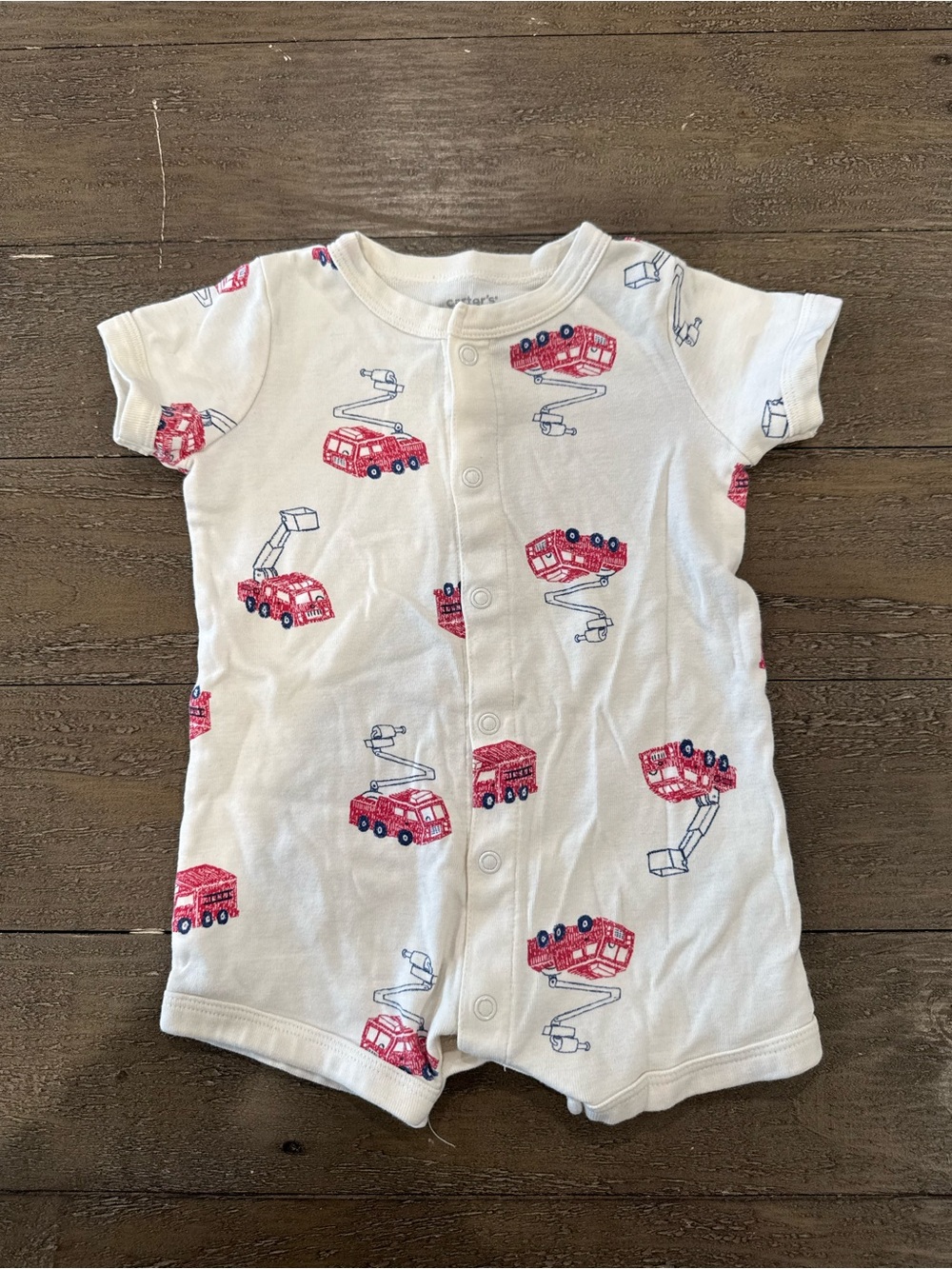 Carter's White Short-Sleeve One-Piece with Red Fire Truck Print
